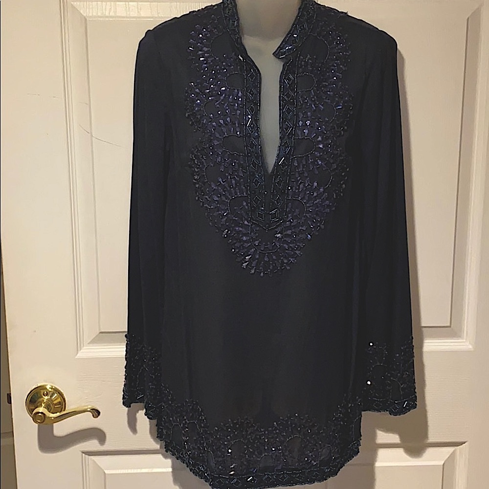 Tory Burch Navy Tunic Top Dress Coverup Crystals Beaded 8 NWT - Picture 2 of 11